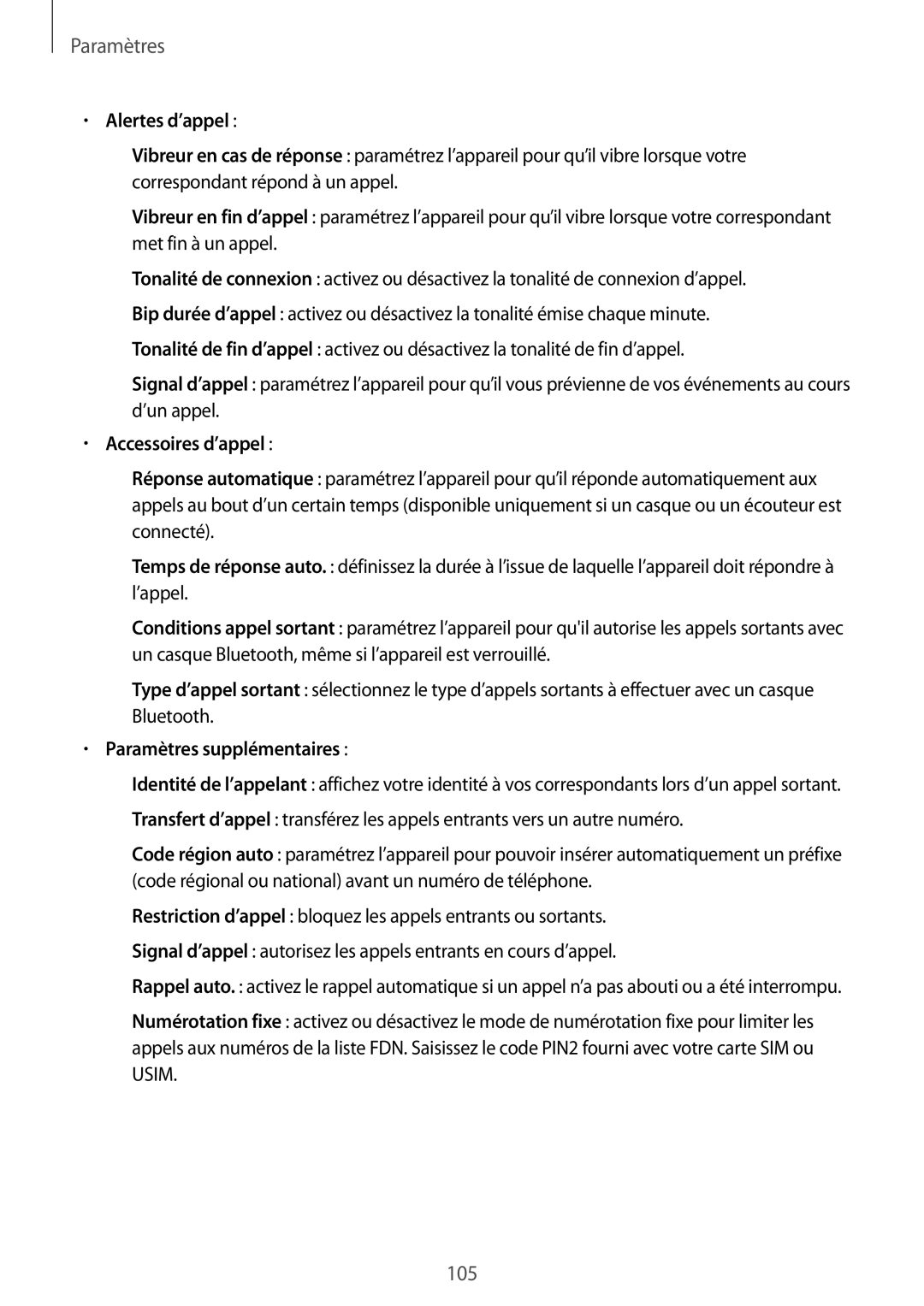 Samsung SM-T235NZWAXEF manual Alertes d’appel, Accessoires d’appel, Paramètres supplémentaires 