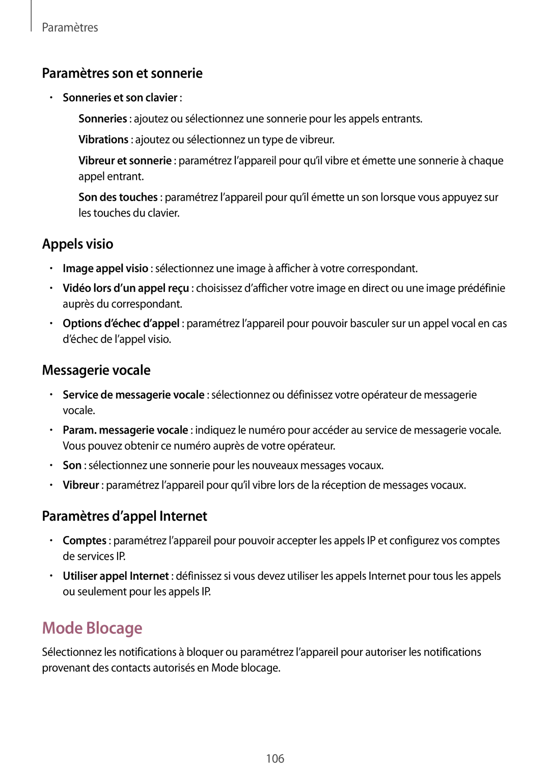 Samsung SM-T235NZWAXEF manual Mode Blocage, Paramètres son et sonnerie, Appels visio, Messagerie vocale 