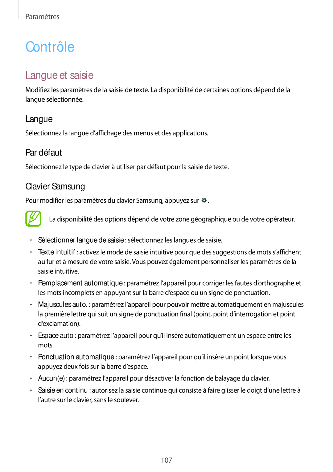 Samsung SM-T235NZWAXEF manual Contrôle, Langue et saisie, Par défaut, Clavier Samsung 