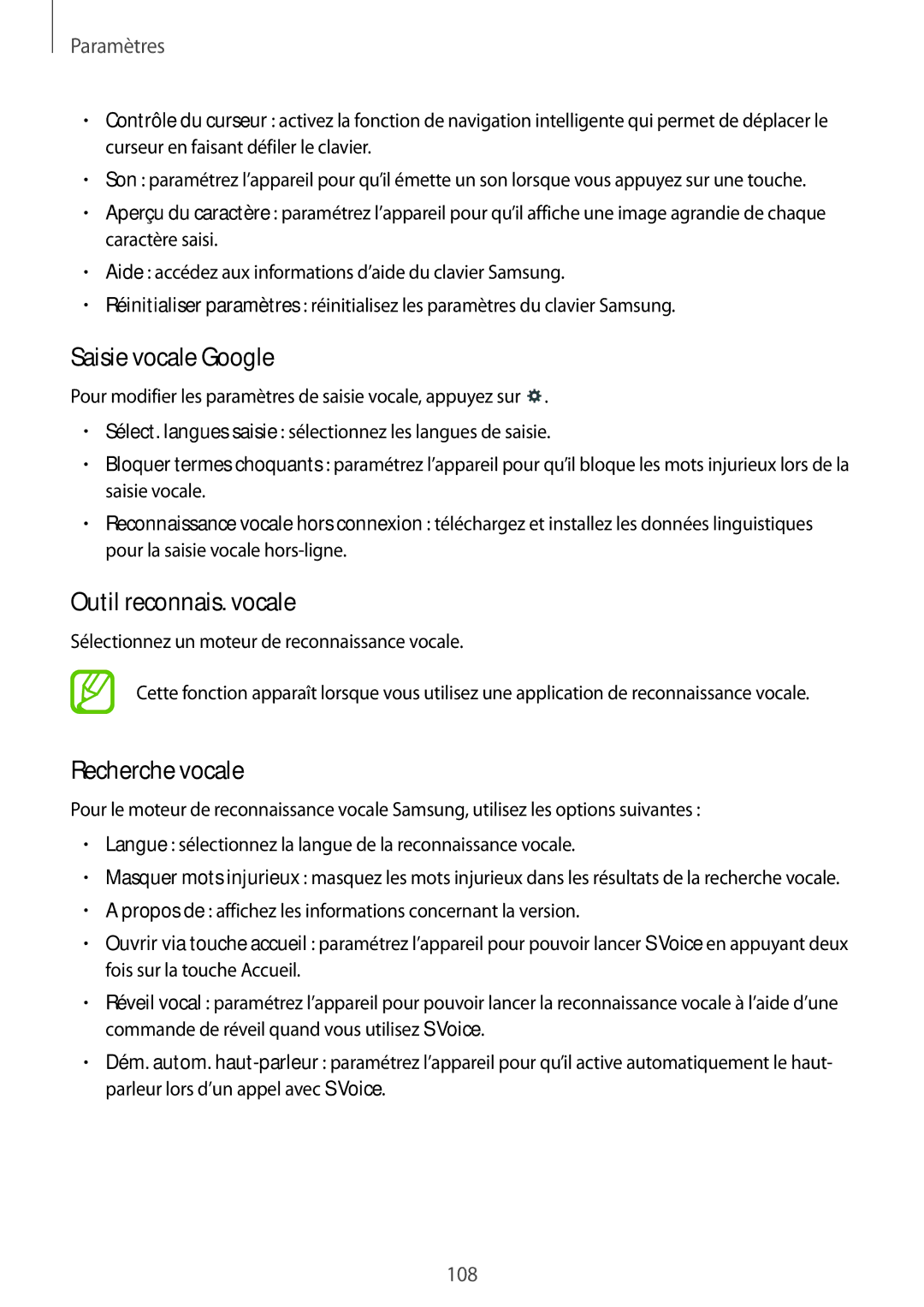 Samsung SM-T235NZWAXEF manual Saisie vocale Google, Outil reconnais. vocale, Recherche vocale 