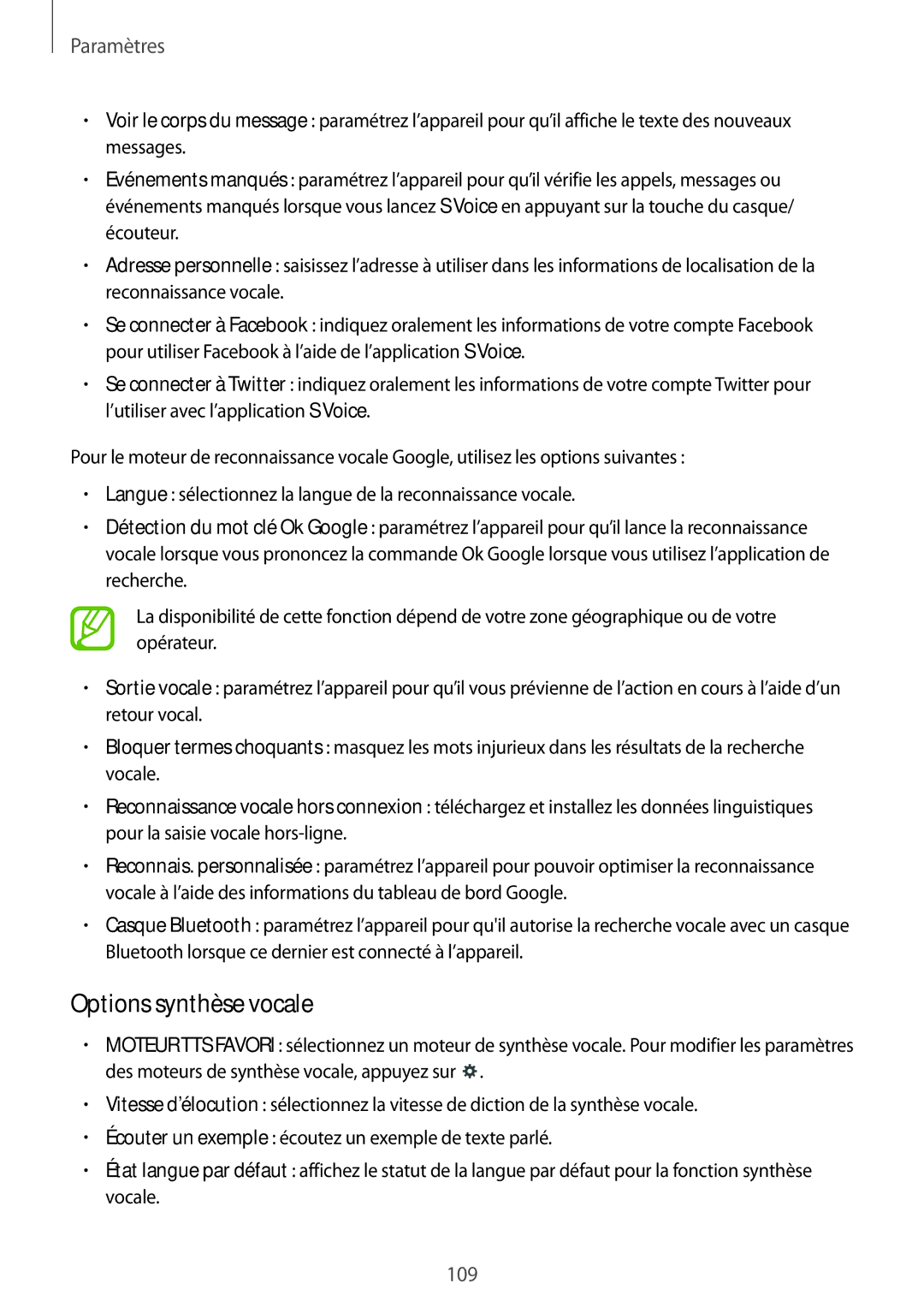 Samsung SM-T235NZWAXEF manual Options synthèse vocale 