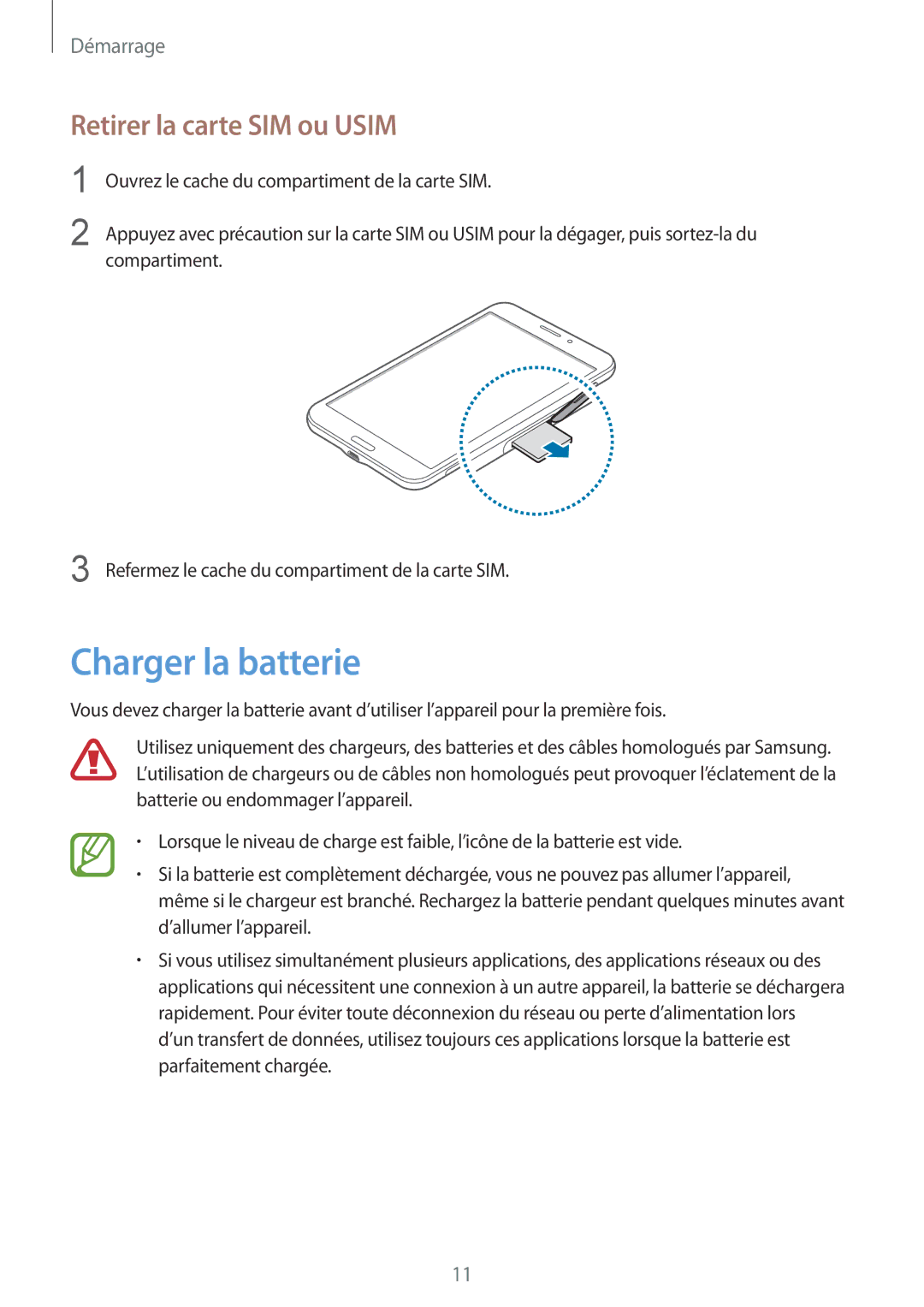 Samsung SM-T235NZWAXEF manual Charger la batterie, Retirer la carte SIM ou Usim 