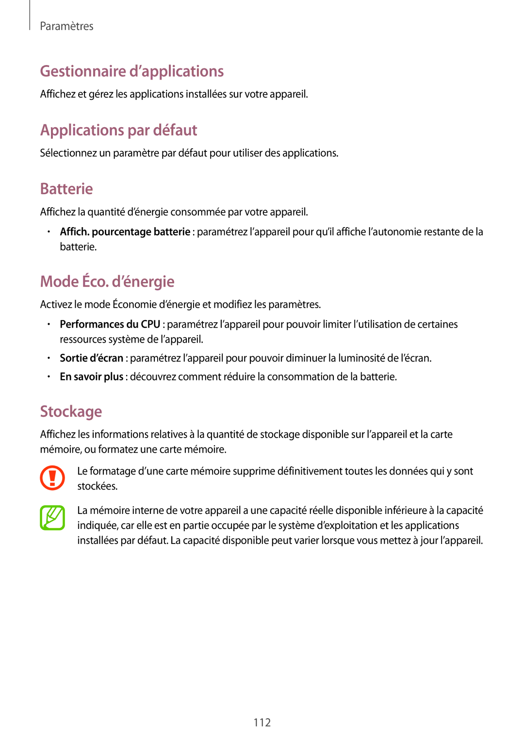 Samsung SM-T235NZWAXEF manual Gestionnaire d’applications, Applications par défaut, Batterie, Mode Éco. d’énergie, Stockage 