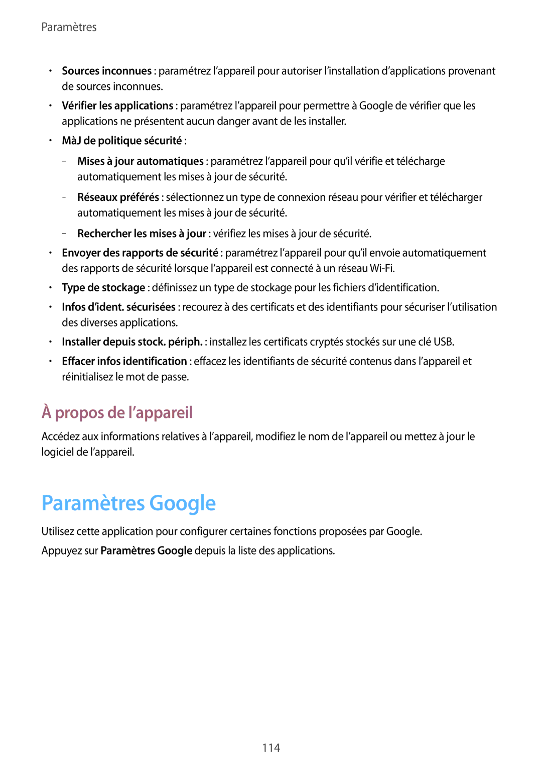 Samsung SM-T235NZWAXEF manual Paramètres Google, Propos de l’appareil, MàJ de politique sécurité 