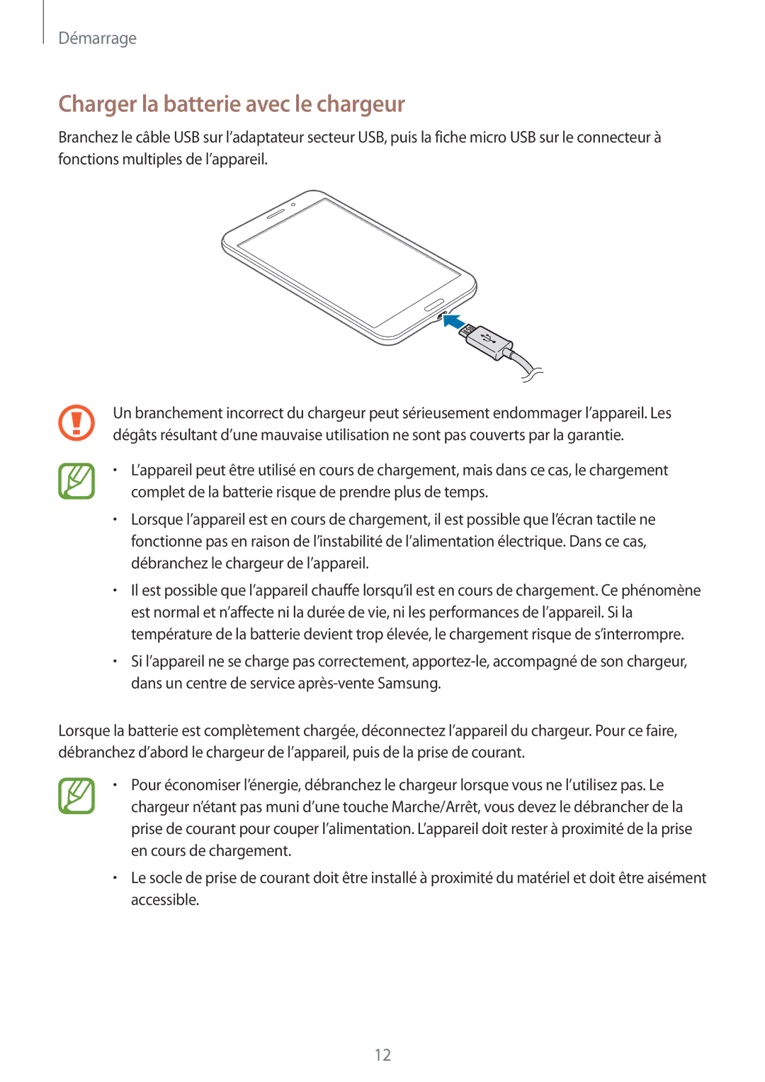 Samsung SM-T235NZWAXEF manual Charger la batterie avec le chargeur 