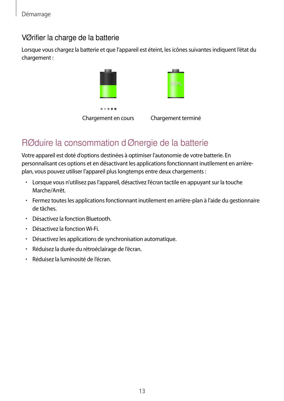 Samsung SM-T235NZWAXEF manual Réduire la consommation d’énergie de la batterie, Vérifier la charge de la batterie 