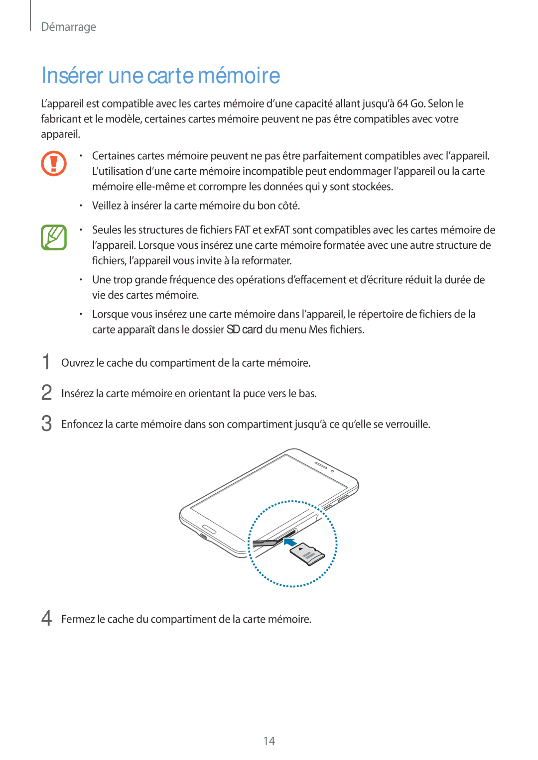 Samsung SM-T235NZWAXEF manual Insérer une carte mémoire 