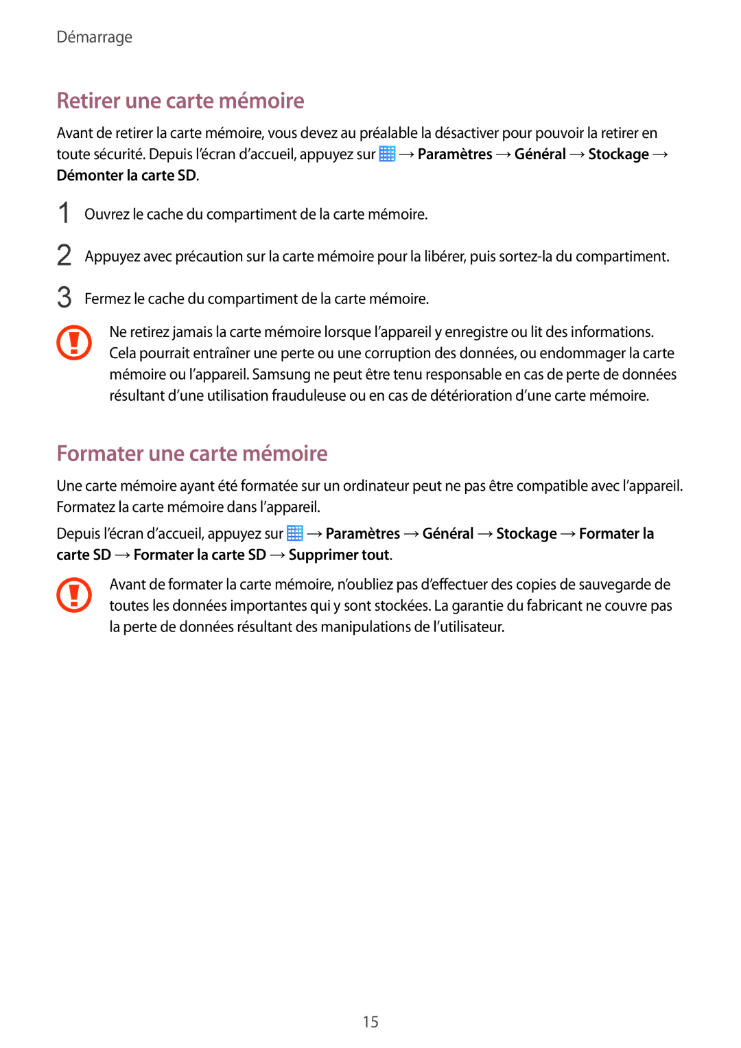 Samsung SM-T235NZWAXEF manual Retirer une carte mémoire, Formater une carte mémoire 