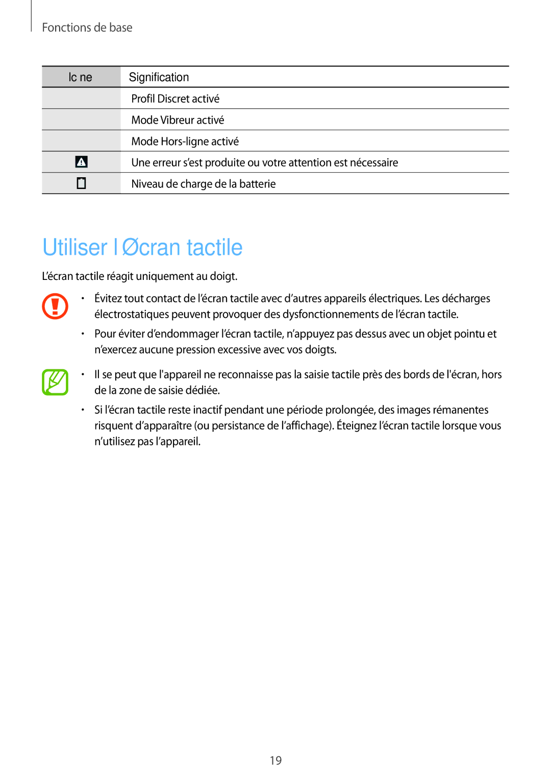 Samsung SM-T235NZWAXEF manual Utiliser l’écran tactile, Fonctions de base 