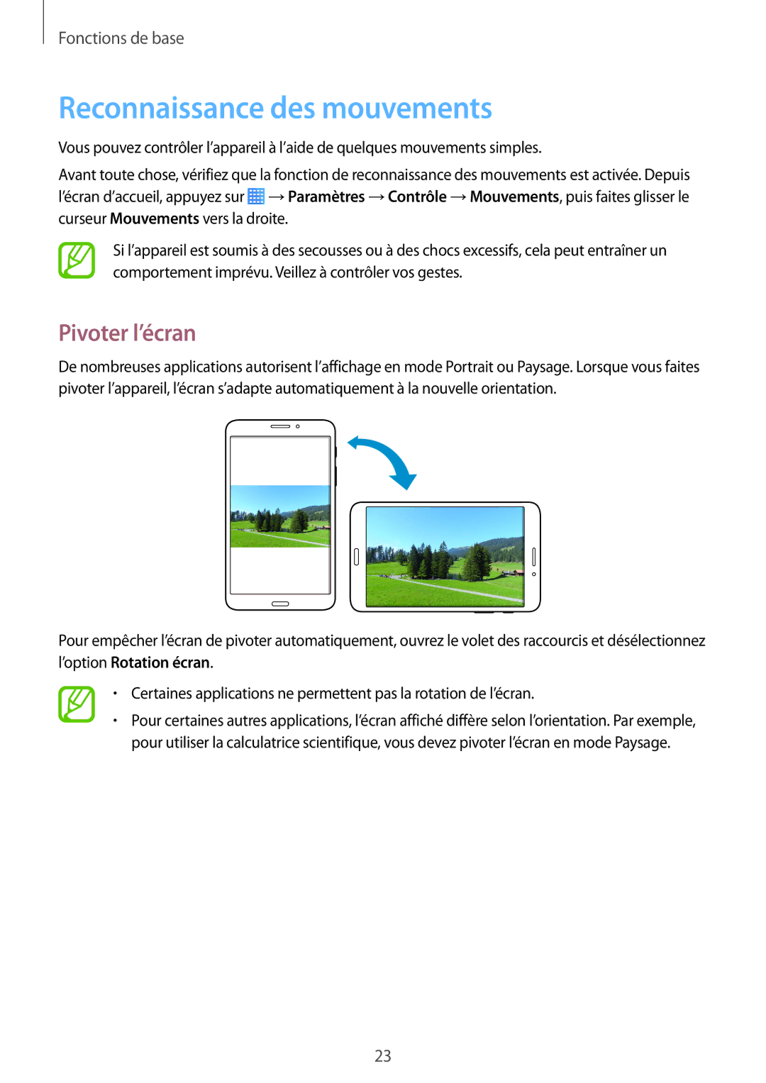 Samsung SM-T235NZWAXEF manual Reconnaissance des mouvements, Pivoter l’écran 