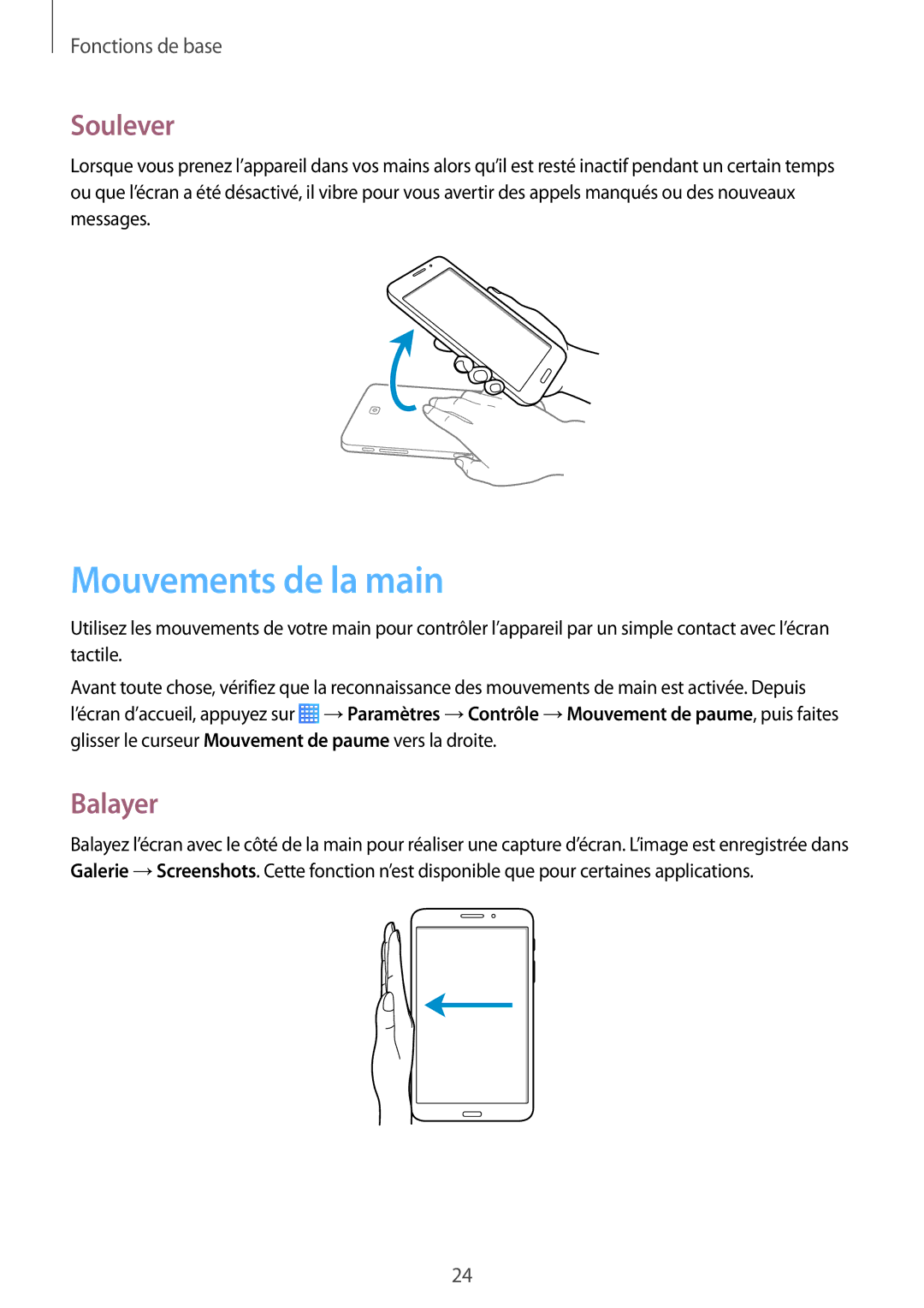 Samsung SM-T235NZWAXEF manual Mouvements de la main, Soulever, Balayer 