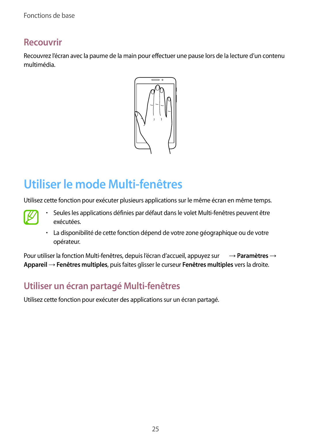 Samsung SM-T235NZWAXEF manual Utiliser le mode Multi-fenêtres, Recouvrir, Utiliser un écran partagé Multi-fenêtres 