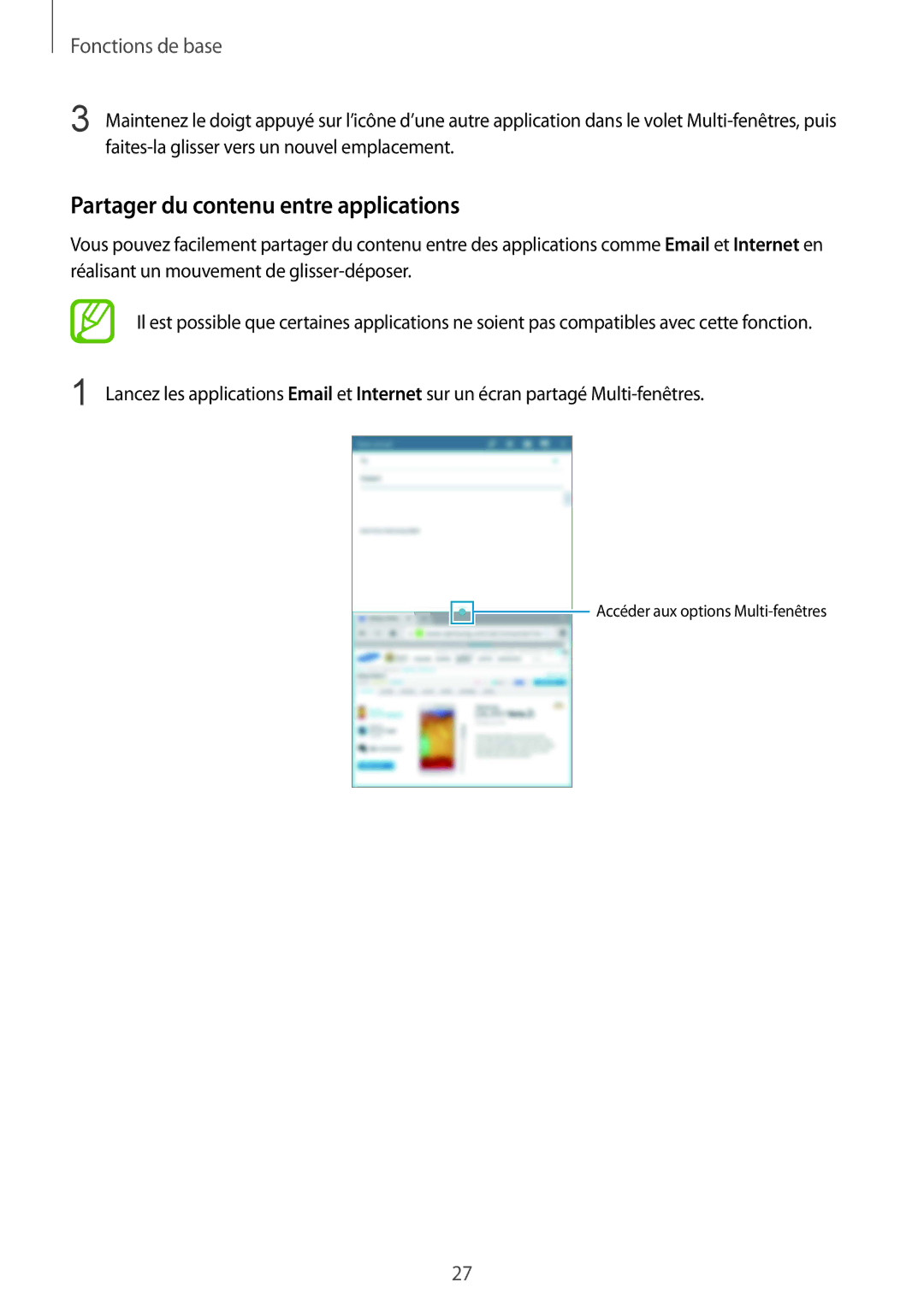 Samsung SM-T235NZWAXEF manual Partager du contenu entre applications 