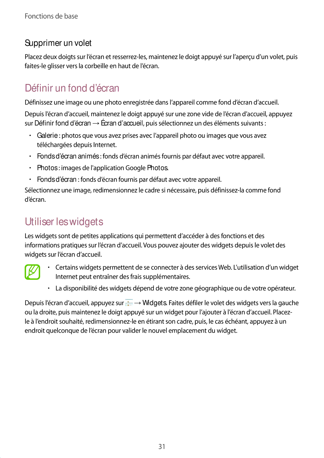 Samsung SM-T235NZWAXEF manual Définir un fond d’écran, Utiliser les widgets, Supprimer un volet 