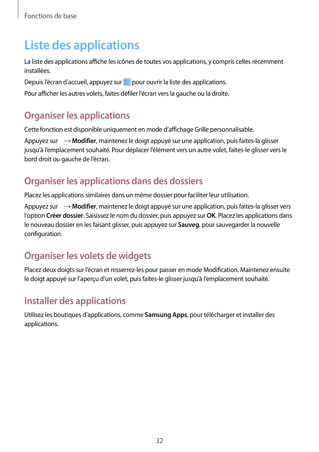 Samsung SM-T235NZWAXEF manual Liste des applications, Organiser les applications dans des dossiers 