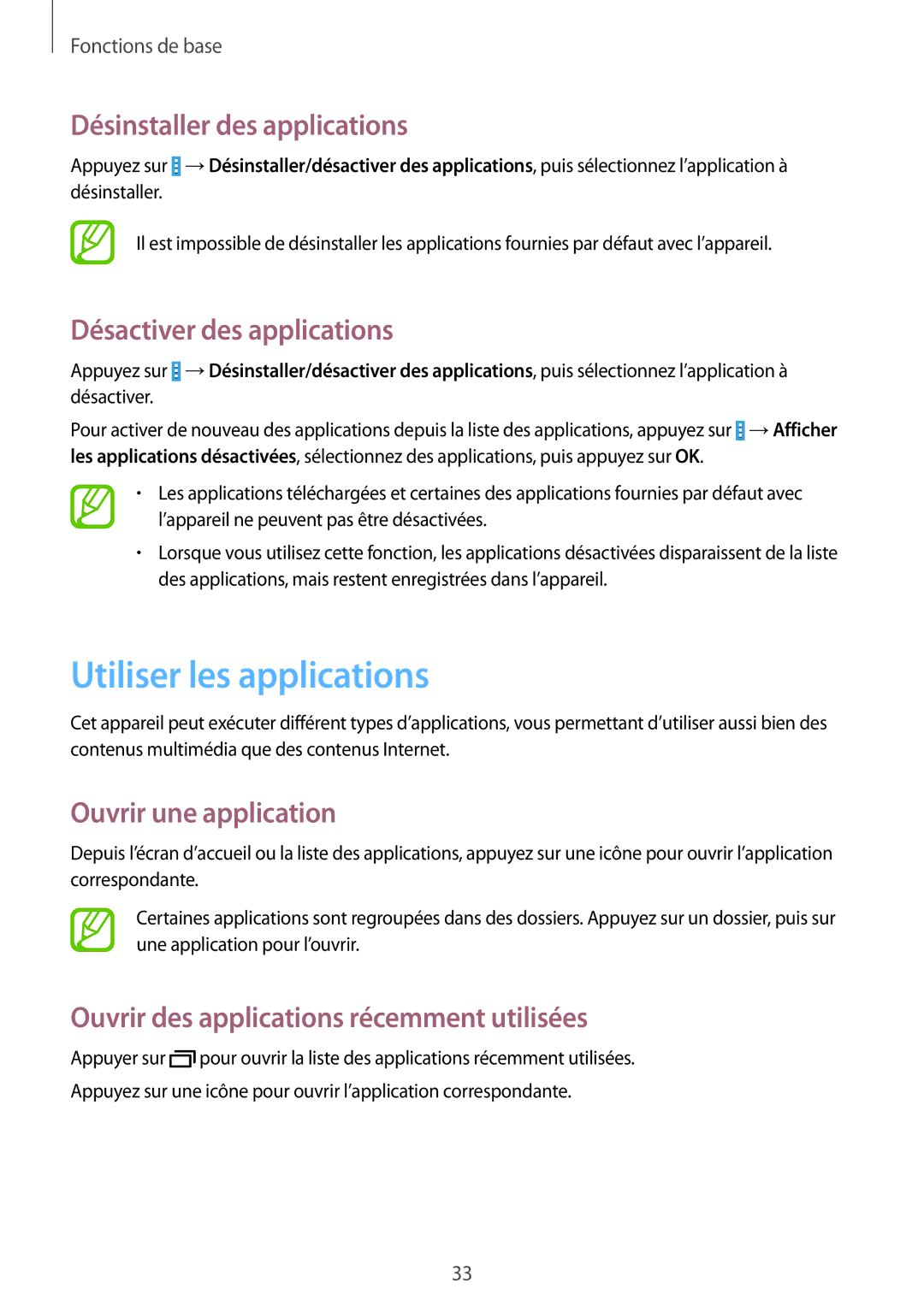 Samsung SM-T235NZWAXEF manual Utiliser les applications, Désinstaller des applications, Désactiver des applications 