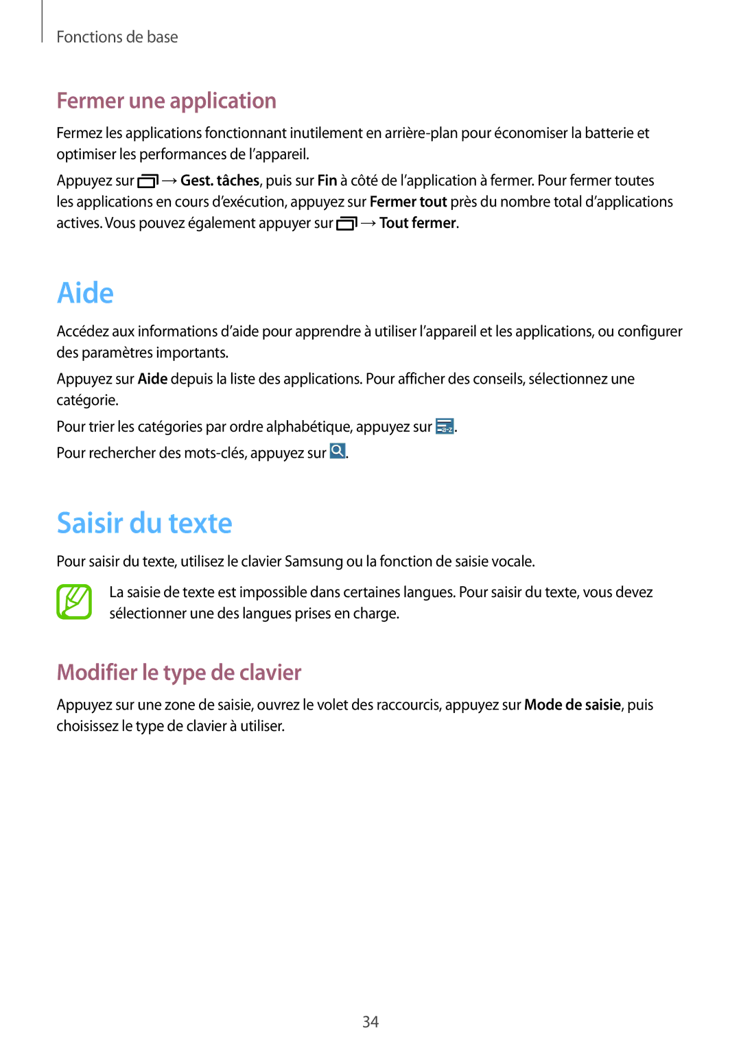 Samsung SM-T235NZWAXEF manual Aide, Saisir du texte, Fermer une application, Modifier le type de clavier 