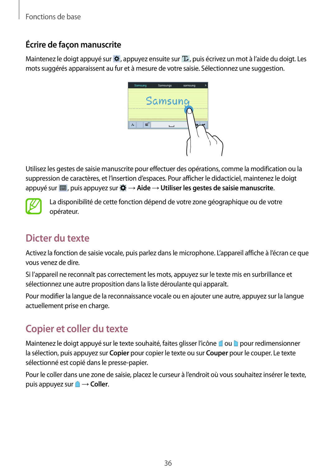 Samsung SM-T235NZWAXEF manual Dicter du texte, Copier et coller du texte, Écrire de façon manuscrite 