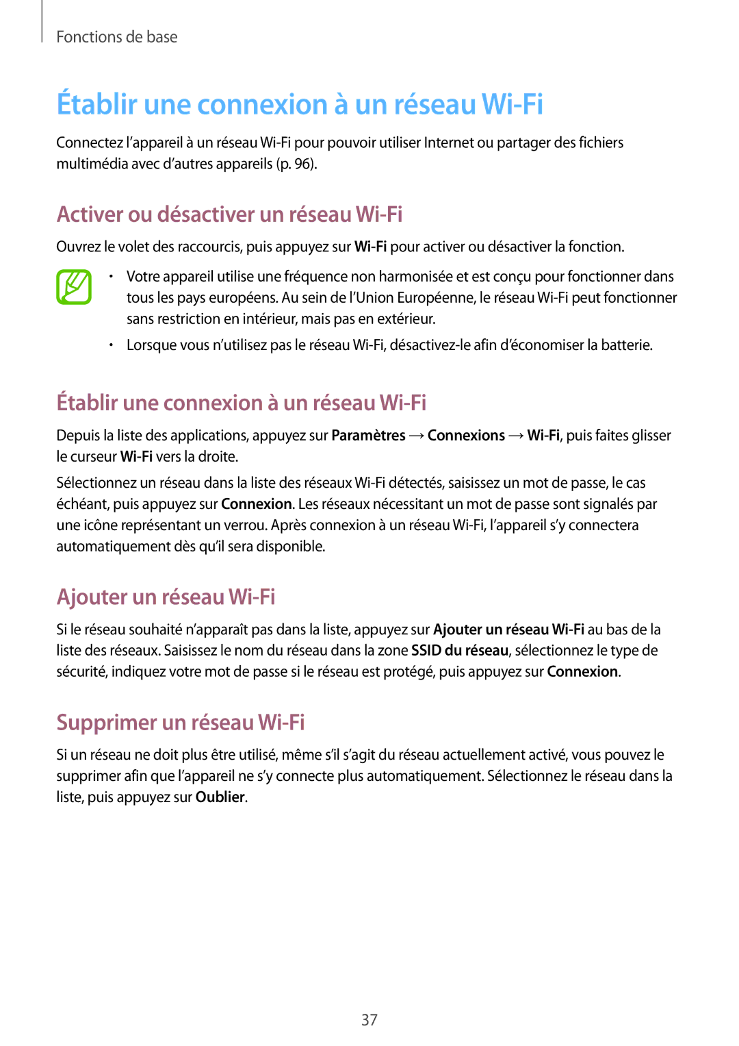 Samsung SM-T235NZWAXEF manual Établir une connexion à un réseau Wi-Fi, Activer ou désactiver un réseau Wi-Fi 