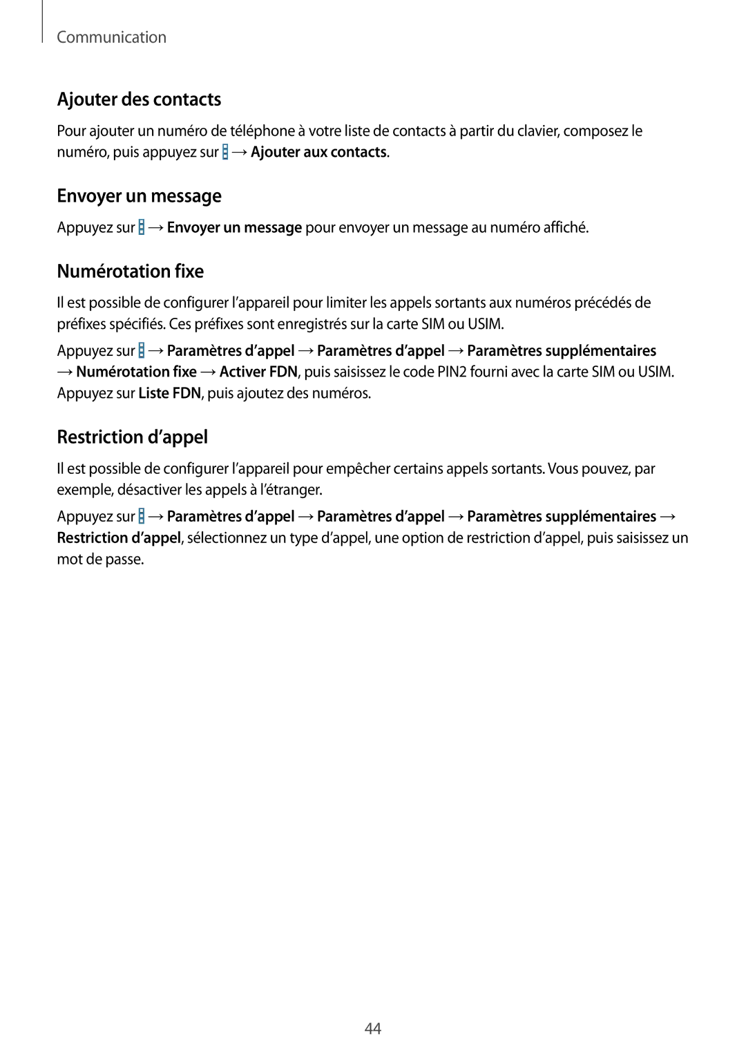 Samsung SM-T235NZWAXEF manual Ajouter des contacts, Envoyer un message, Numérotation fixe, Restriction d’appel 