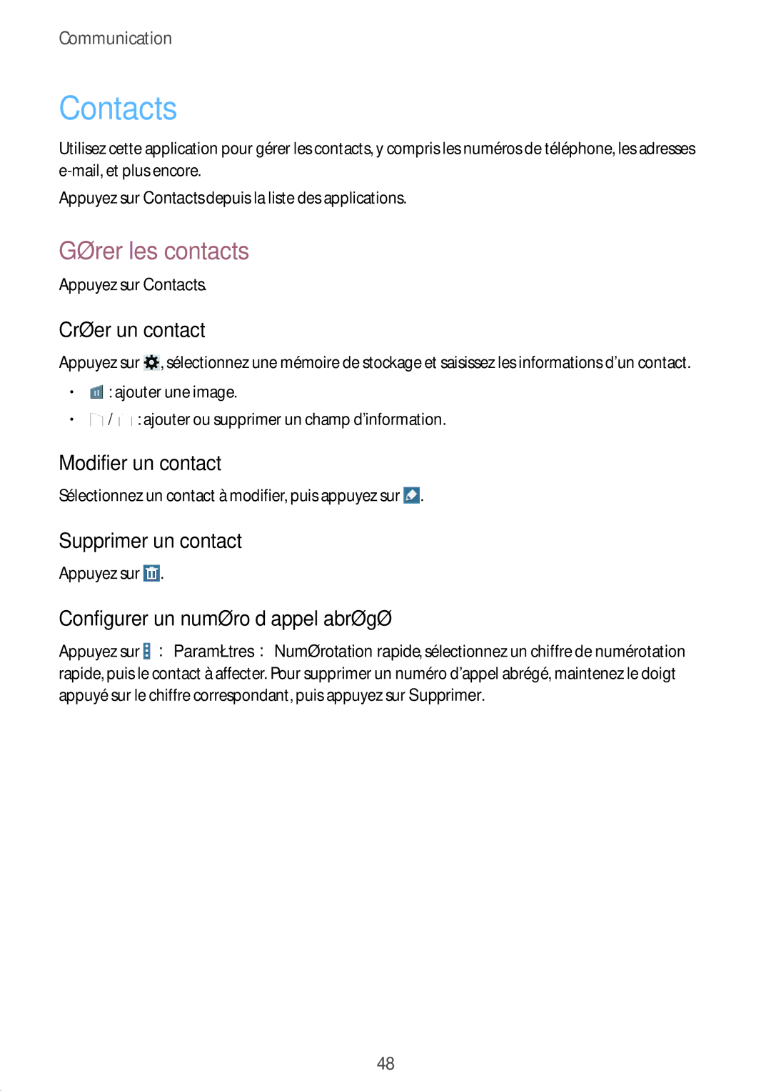 Samsung SM-T235NZWAXEF manual Contacts, Gérer les contacts 