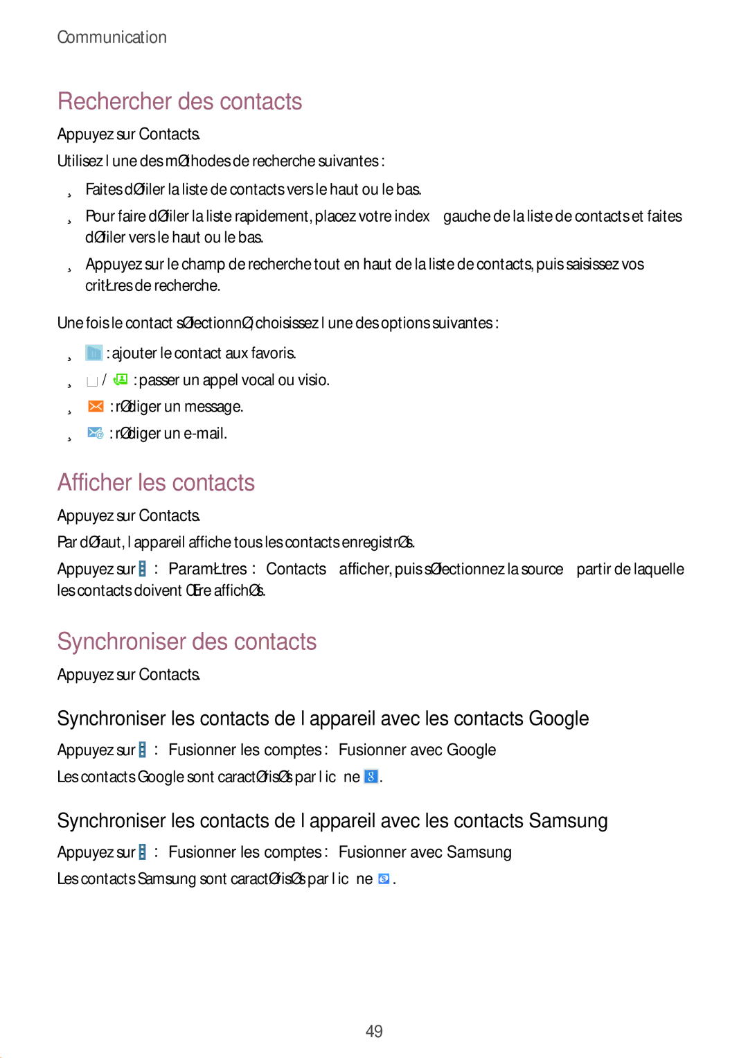 Samsung SM-T235NZWAXEF manual Rechercher des contacts, Afficher les contacts, Synchroniser des contacts 