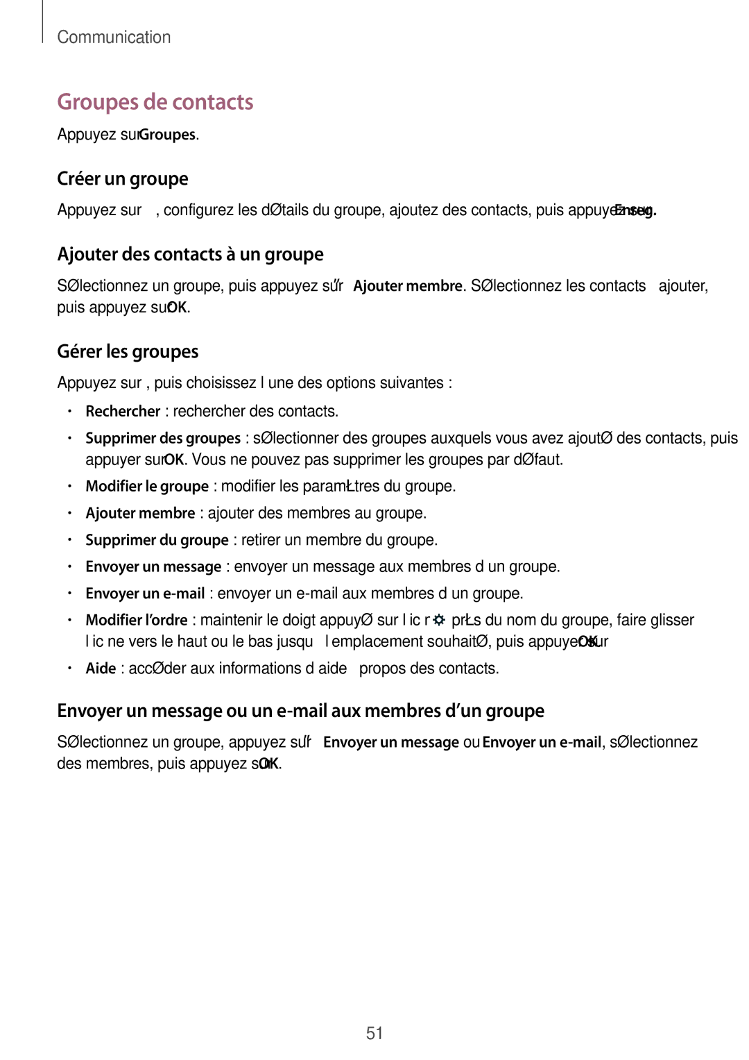 Samsung SM-T235NZWAXEF manual Groupes de contacts, Créer un groupe, Ajouter des contacts à un groupe, Gérer les groupes 