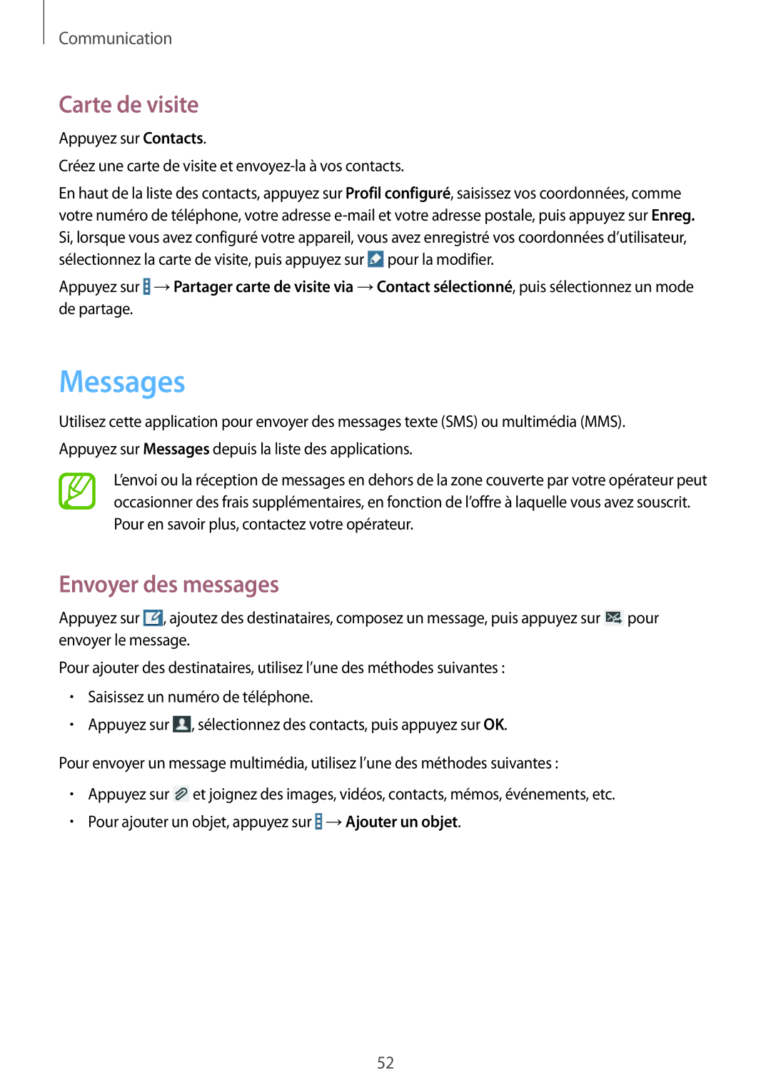 Samsung SM-T235NZWAXEF manual Messages, Carte de visite, Envoyer des messages 