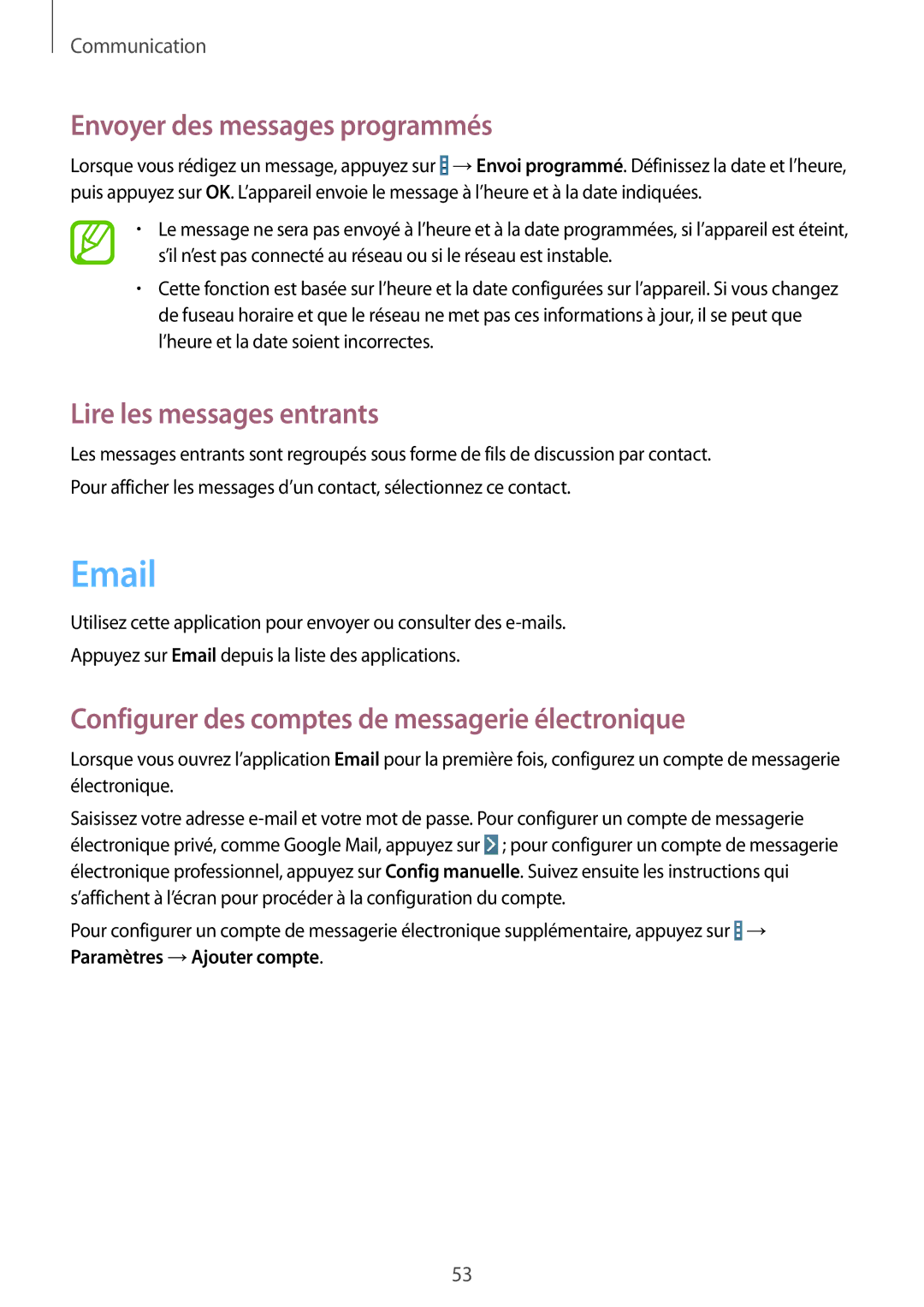 Samsung SM-T235NZWAXEF manual Envoyer des messages programmés, Lire les messages entrants 