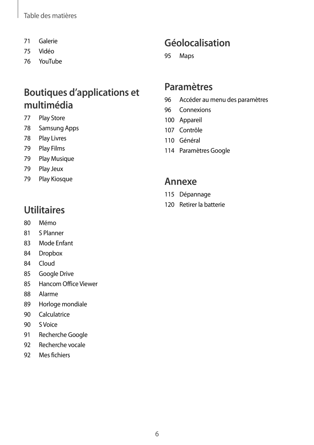 Samsung SM-T235NZWAXEF manual Géolocalisation 