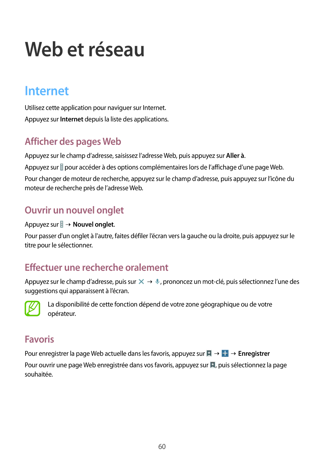 Samsung SM-T235NZWAXEF manual Internet, Afficher des pages Web, Ouvrir un nouvel onglet, Effectuer une recherche oralement 