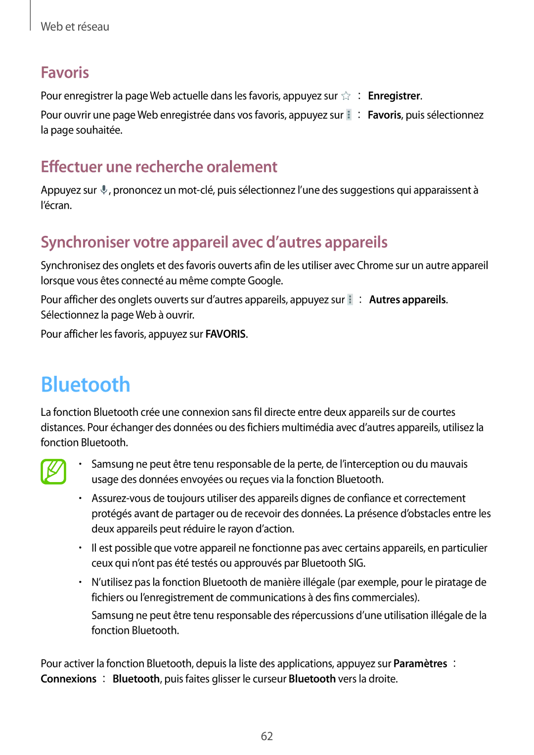 Samsung SM-T235NZWAXEF manual Bluetooth, Synchroniser votre appareil avec d’autres appareils 