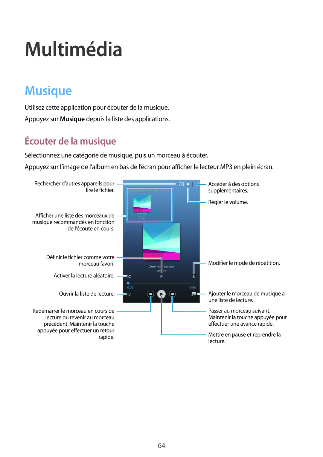 Samsung SM-T235NZWAXEF manual Musique, Écouter de la musique 