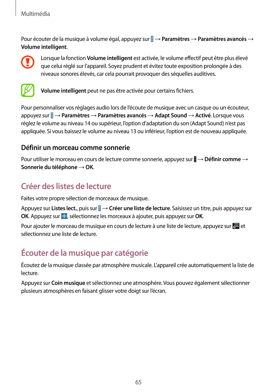 Samsung SM-T235NZWAXEF Créer des listes de lecture, Écouter de la musique par catégorie, Définir un morceau comme sonnerie 