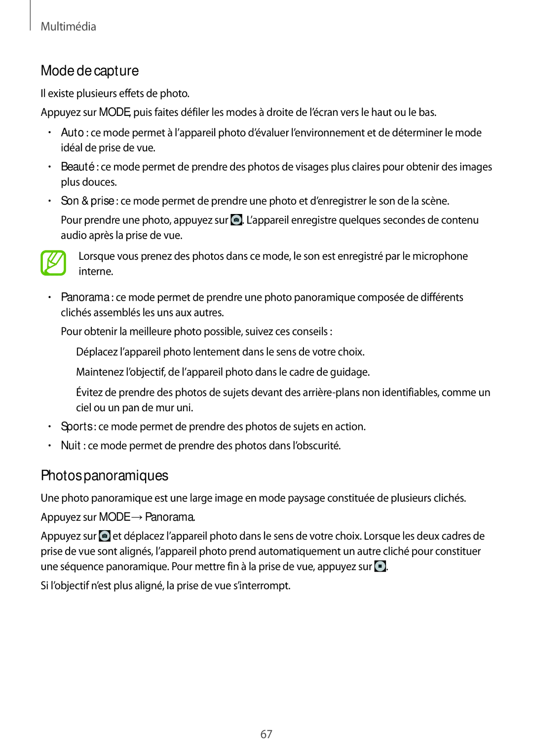 Samsung SM-T235NZWAXEF manual Mode de capture, Photos panoramiques 