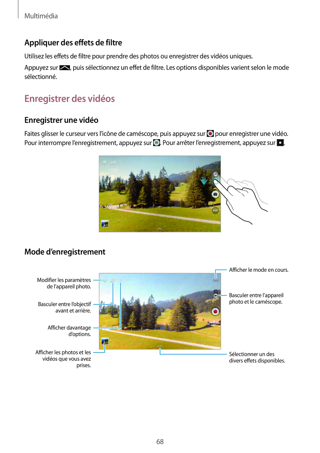 Samsung SM-T235NZWAXEF manual Enregistrer des vidéos, Appliquer des effets de filtre, Enregistrer une vidéo 