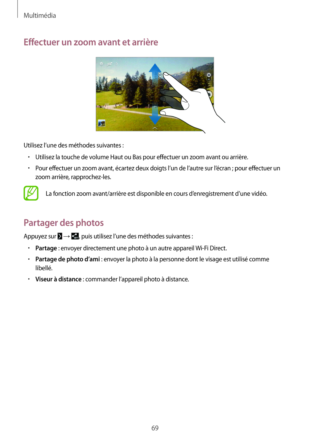 Samsung SM-T235NZWAXEF manual Effectuer un zoom avant et arrière, Partager des photos 