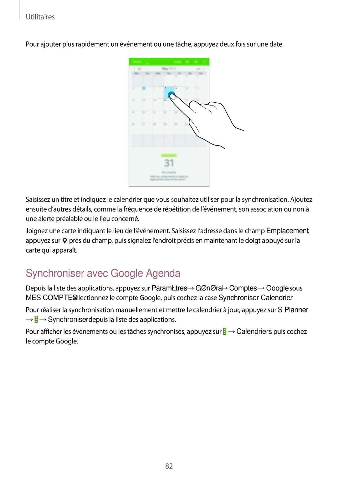 Samsung SM-T235NZWAXEF manual Synchroniser avec Google Agenda 