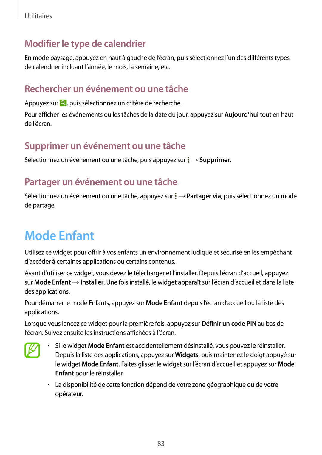 Samsung SM-T235NZWAXEF manual Mode Enfant, Modifier le type de calendrier, Rechercher un événement ou une tâche 