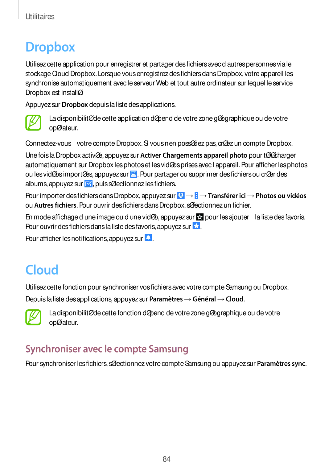 Samsung SM-T235NZWAXEF manual Dropbox, Cloud, Synchroniser avec le compte Samsung 