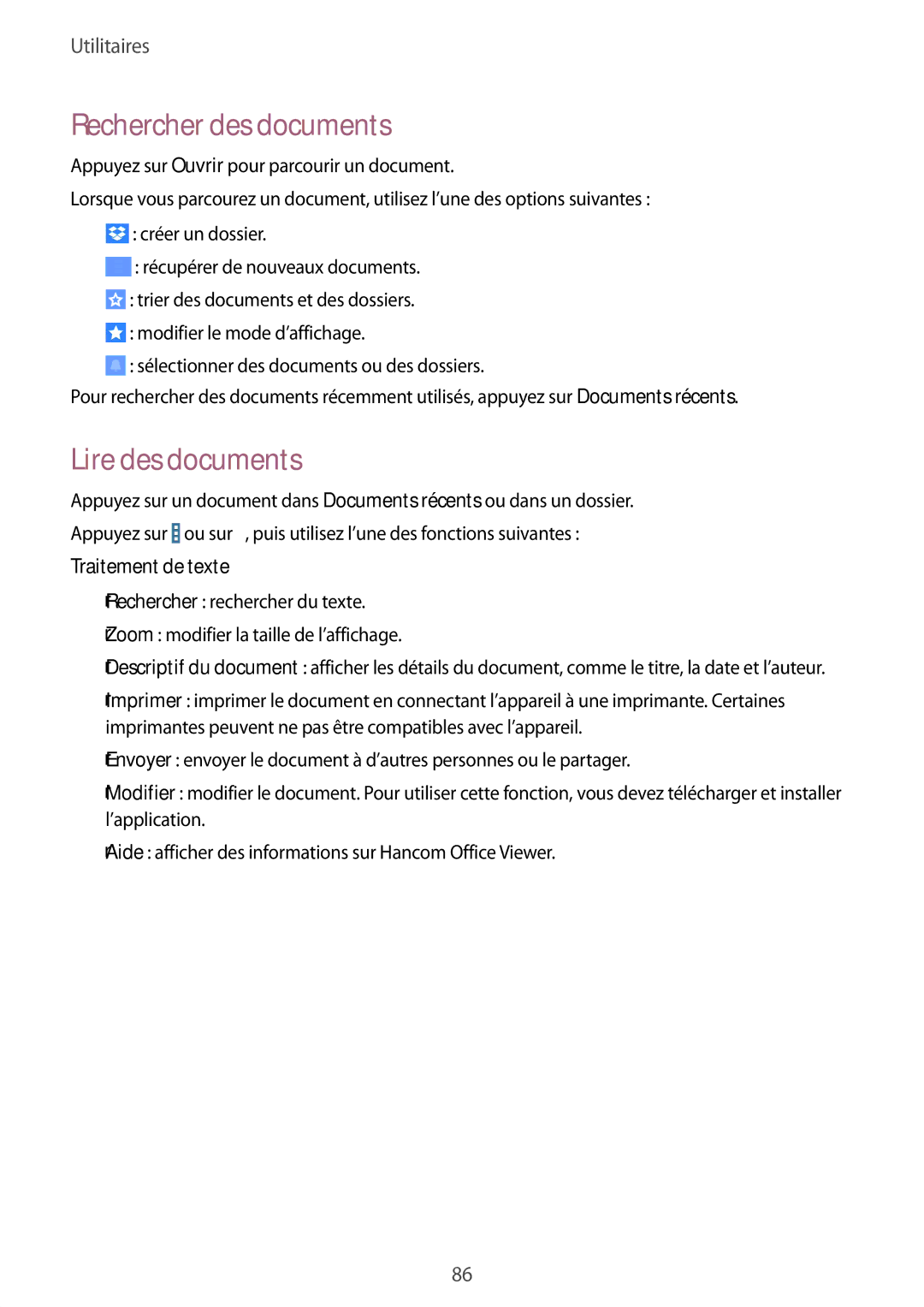 Samsung SM-T235NZWAXEF manual Rechercher des documents, Lire des documents, Traitement de texte 