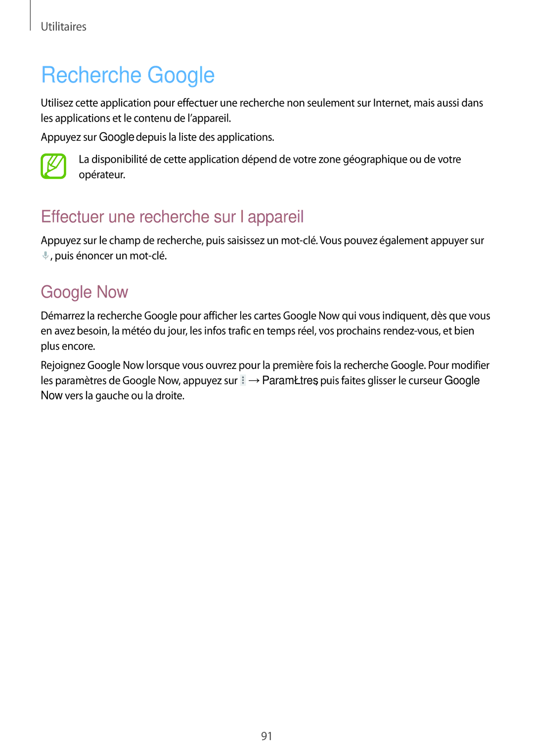 Samsung SM-T235NZWAXEF manual Recherche Google, Effectuer une recherche sur l’appareil, Google Now 