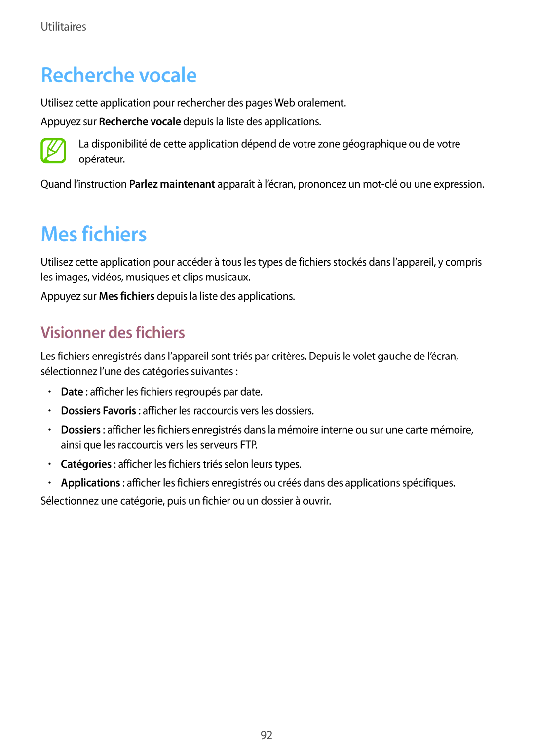 Samsung SM-T235NZWAXEF manual Recherche vocale, Mes fichiers, Visionner des fichiers 