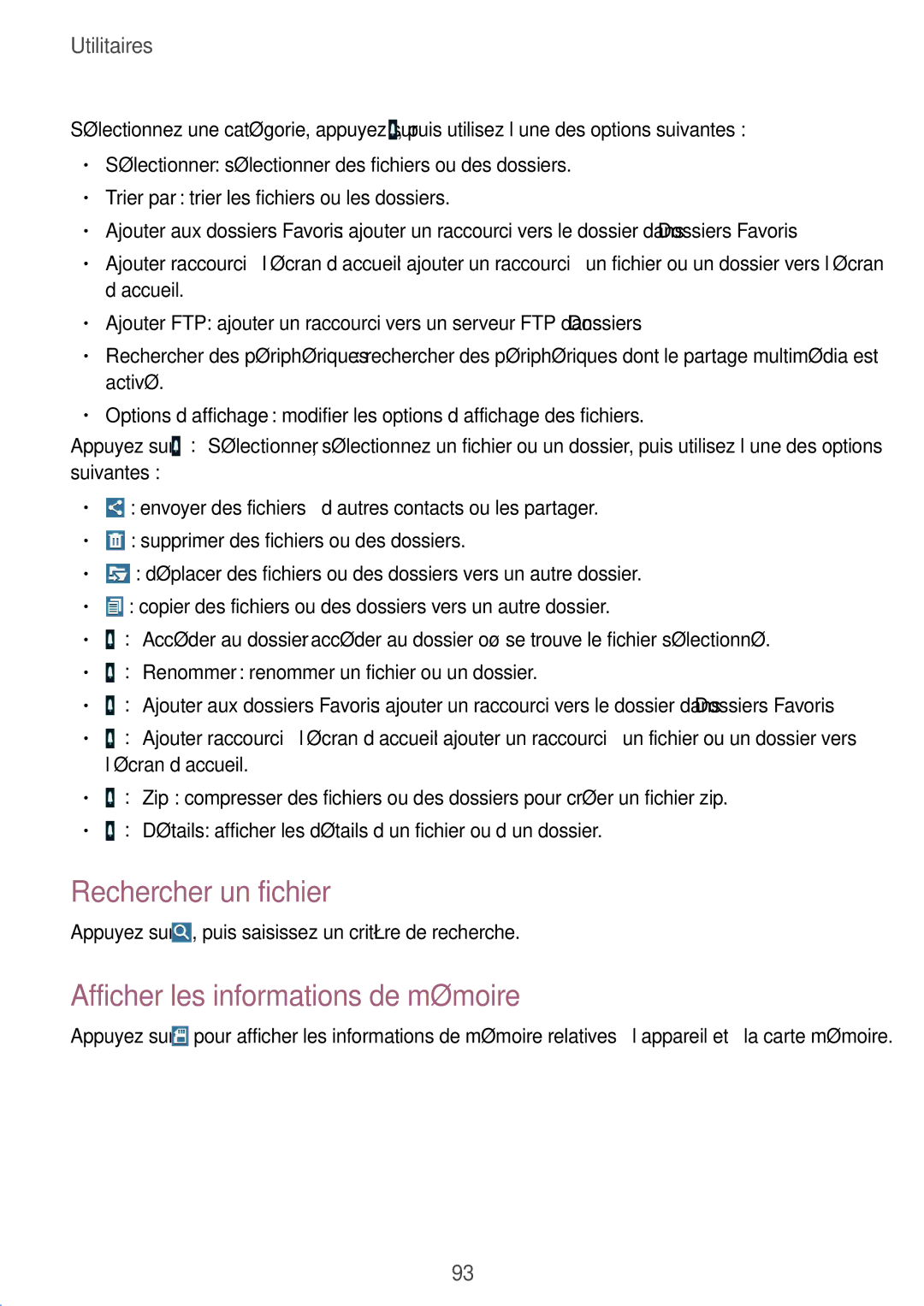 Samsung SM-T235NZWAXEF manual Rechercher un fichier, Afficher les informations de mémoire 