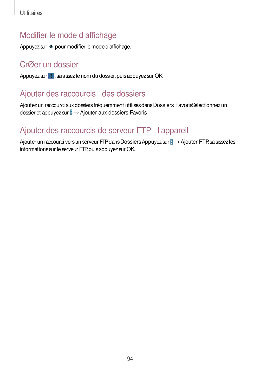 Samsung SM-T235NZWAXEF manual Modifier le mode d’affichage, Créer un dossier, Ajouter des raccourcis à des dossiers 