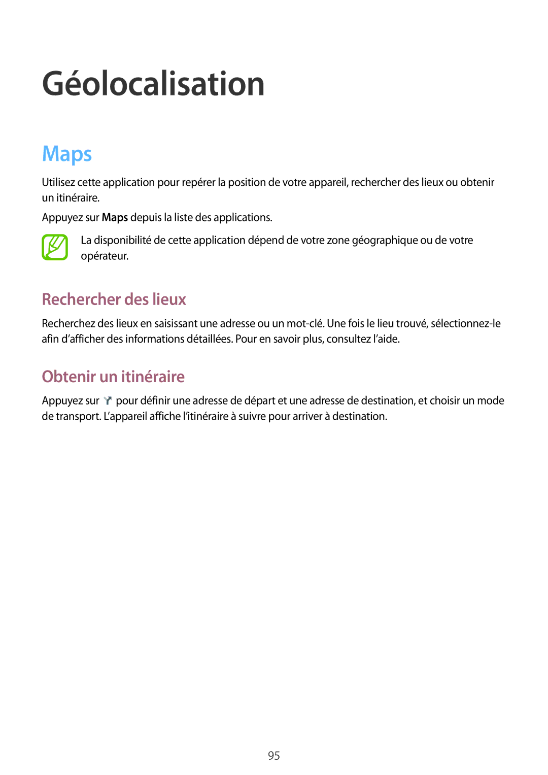 Samsung SM-T235NZWAXEF manual Maps, Rechercher des lieux, Obtenir un itinéraire 