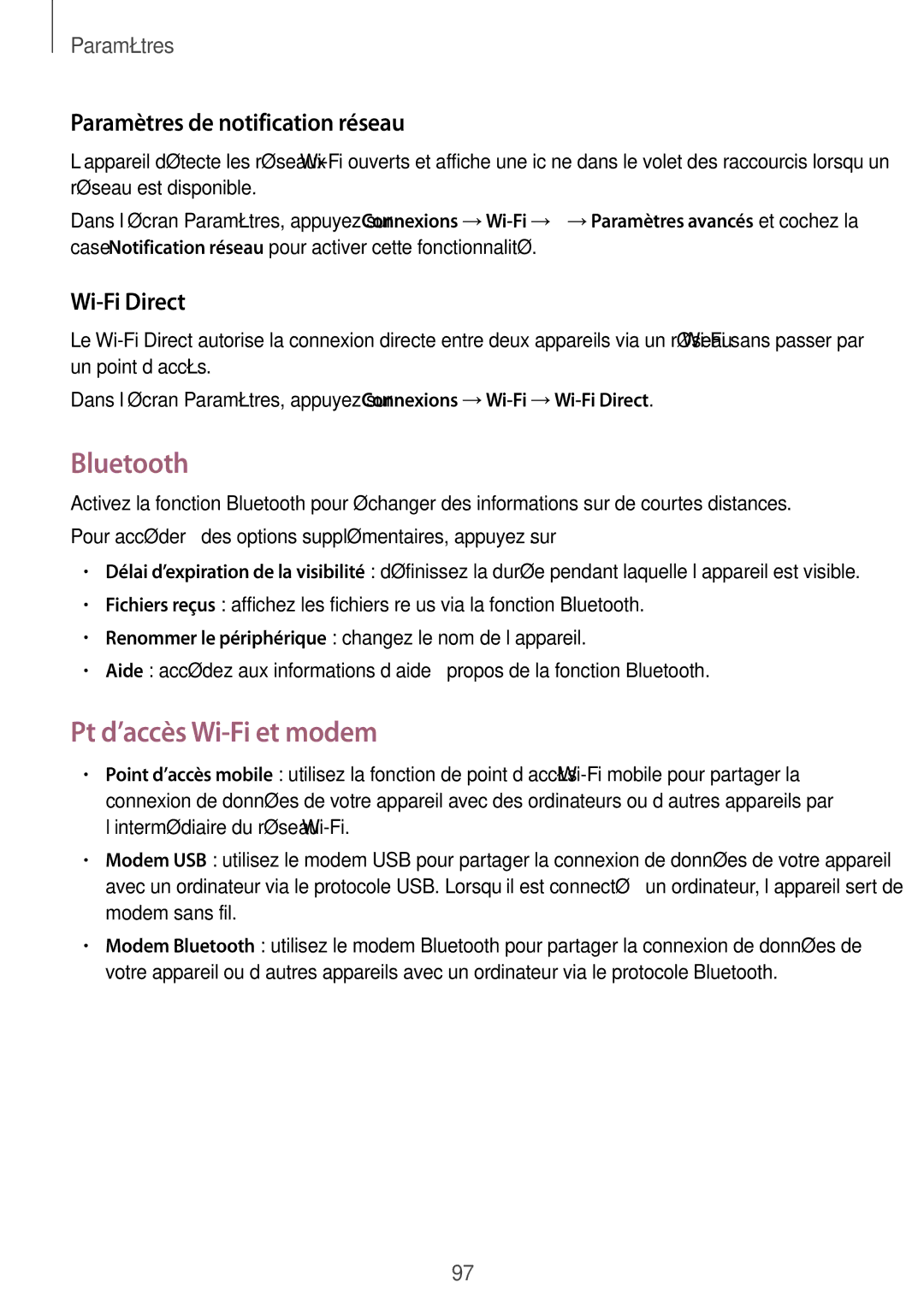 Samsung SM-T235NZWAXEF manual Bluetooth, Pt d’accès Wi-Fi et modem, Paramètres de notification réseau, Wi-Fi Direct 