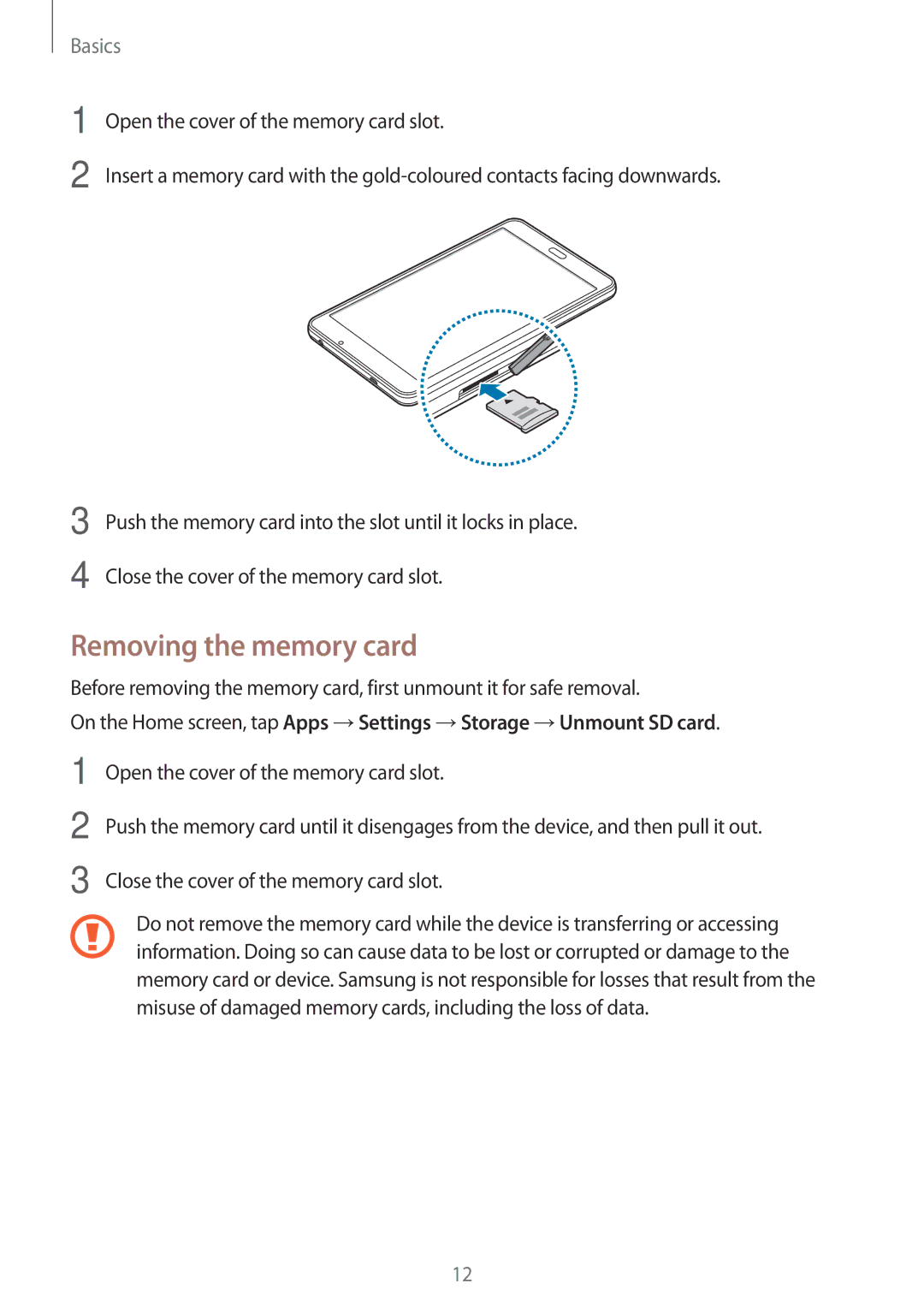 Samsung SM-T280NZKAILO, SM-T280NZKADBT, SM-T280NZWADBT, SM-T280NZKAXEF, SM-T280NZWAXEF manual Removing the memory card 