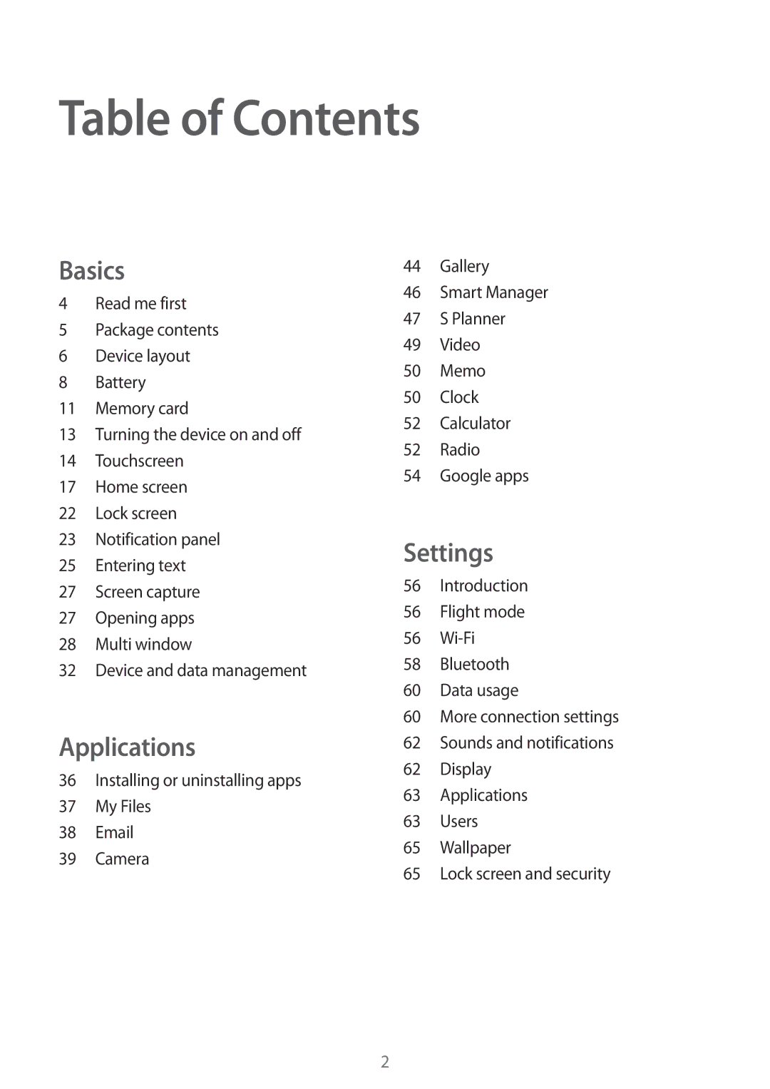 Samsung SM-T280NZKAXEF, SM-T280NZKADBT, SM-T280NZWADBT, SM-T280NZWAXEF, SM-T280NZKAITV, SM-T280NZWAPHE manual Table of Contents 