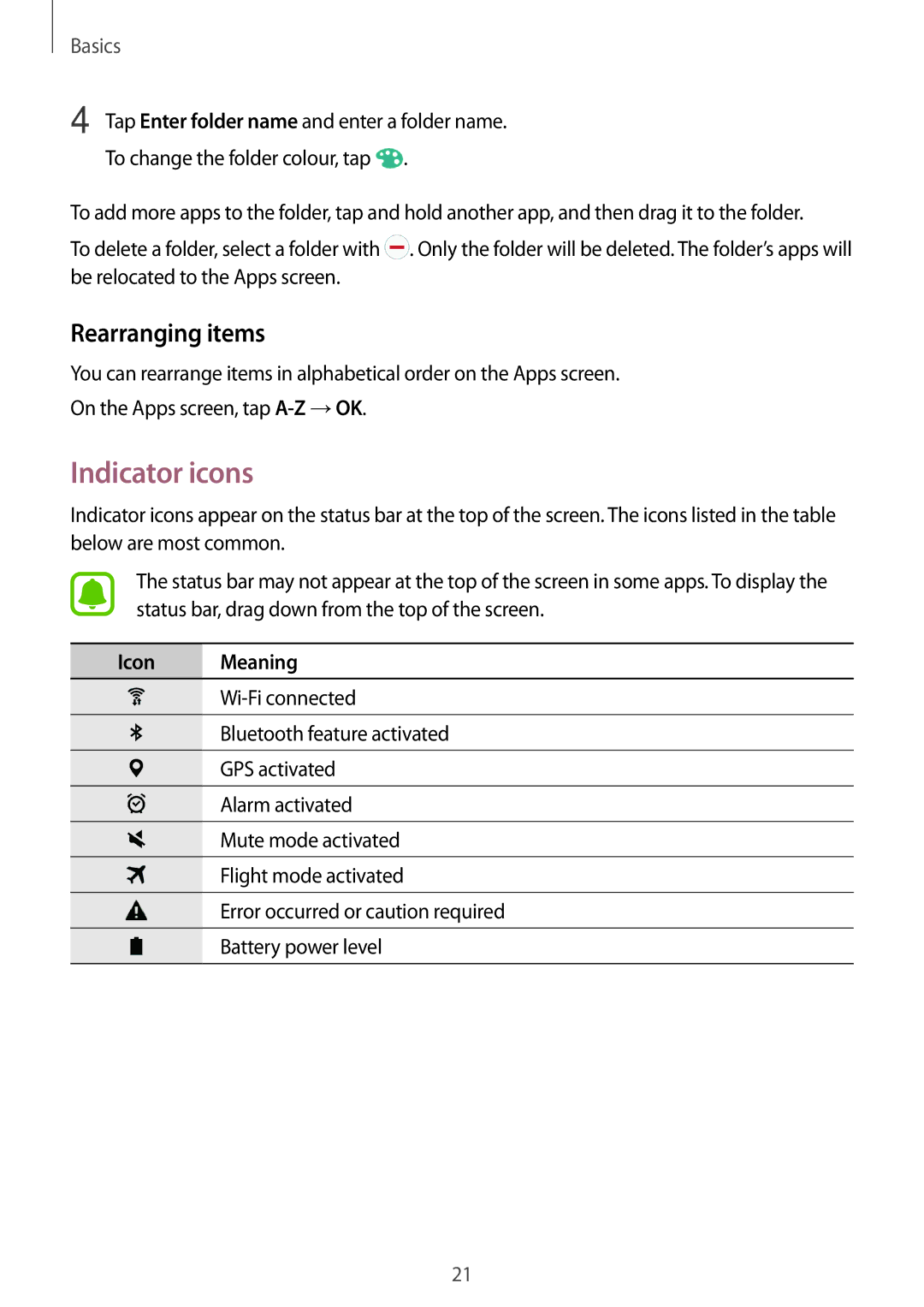 Samsung SM-T280NZWAXEH, SM-T280NZKADBT, SM-T280NZWADBT, SM-T280NZKAXEF manual Indicator icons, Rearranging items, Icon Meaning 